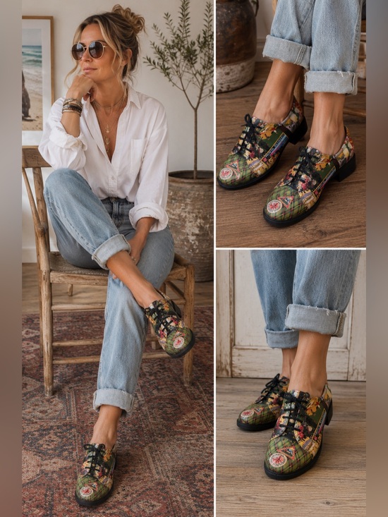 ICON Shoes - Vintage Golf Hotel Print Leather Oxford Shoes Size 6.6 Colorful Novelty Lace-Up